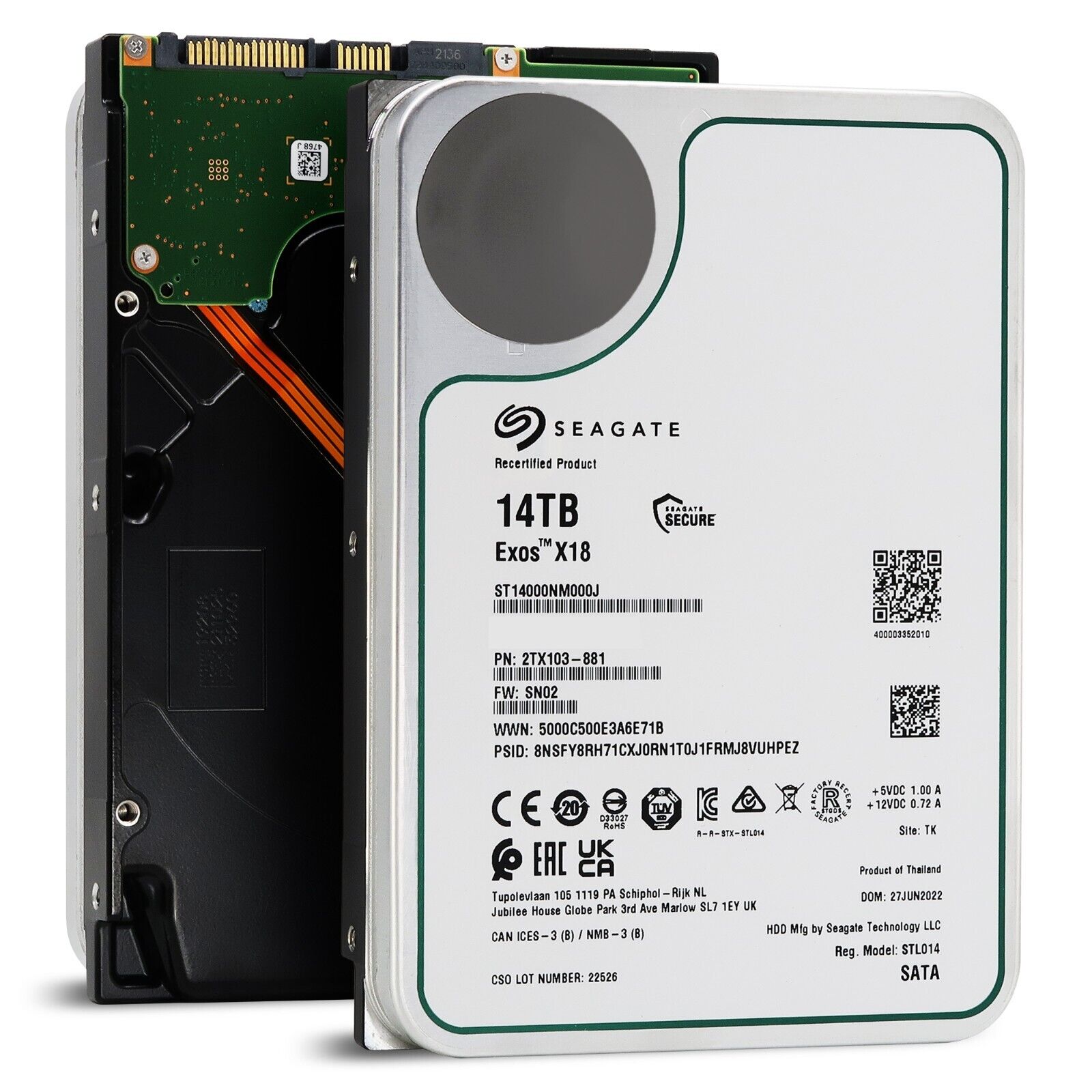 Seagate Exos X18 ST14000NM000J 14TB 7.2K RPM SATA 6Gb/s 3.5in Hard Drive