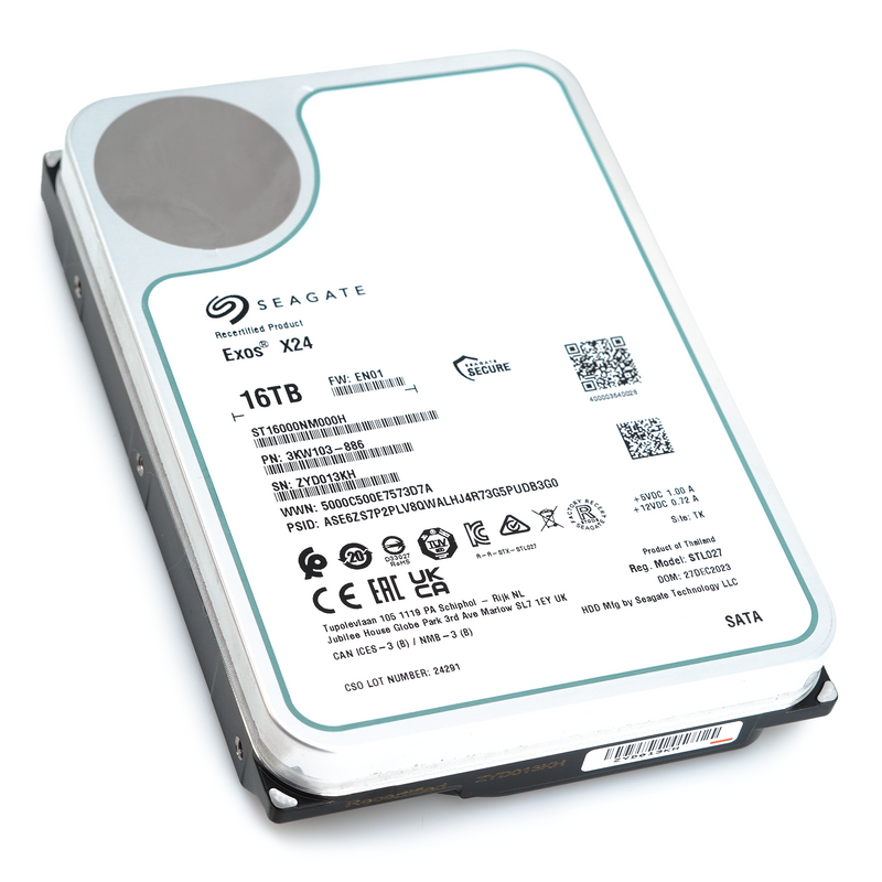 Seagate Exos X24 ST16000NM000H 16TB 7.2K RPM SATA 6Gb/s 512e 3.5in Recertified Hard Drive - Flat View