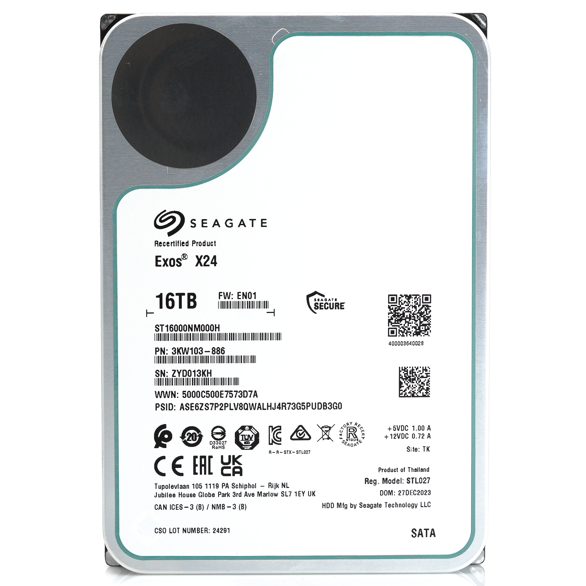 Seagate Exos X24 ST16000NM000H 16TB 7.2K RPM SATA 6Gb/s 512e 3.5in Recertified Hard Drive - Front View