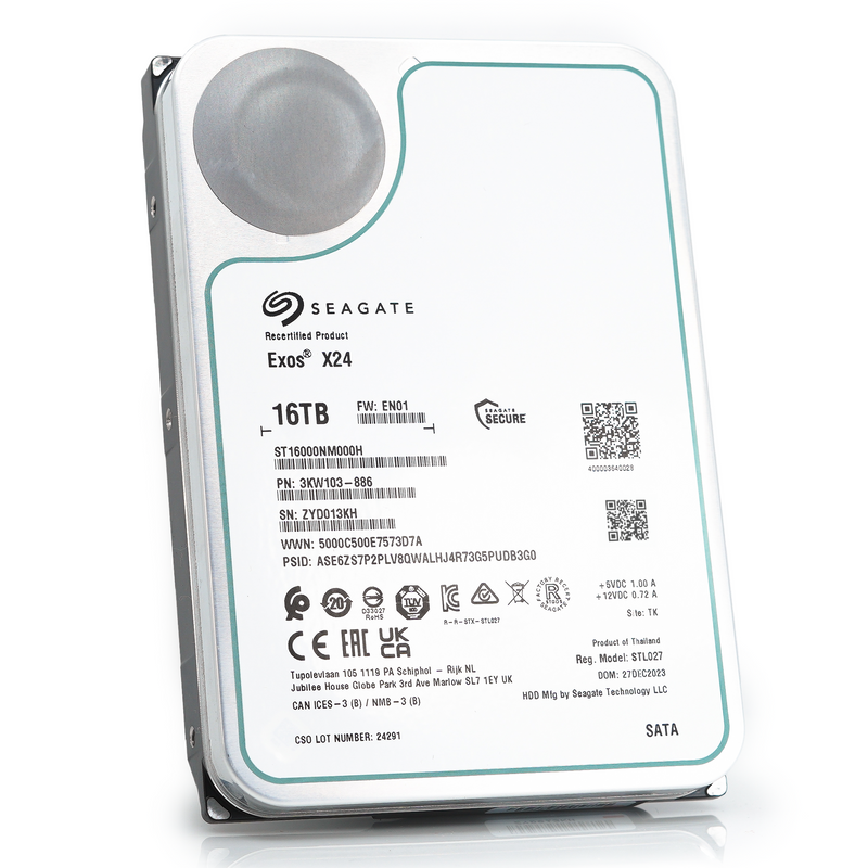 Seagate Exos X24 ST16000NM000H 16TB 7.2K RPM SATA 6Gb/s 512e 3.5in Refurbished HDD