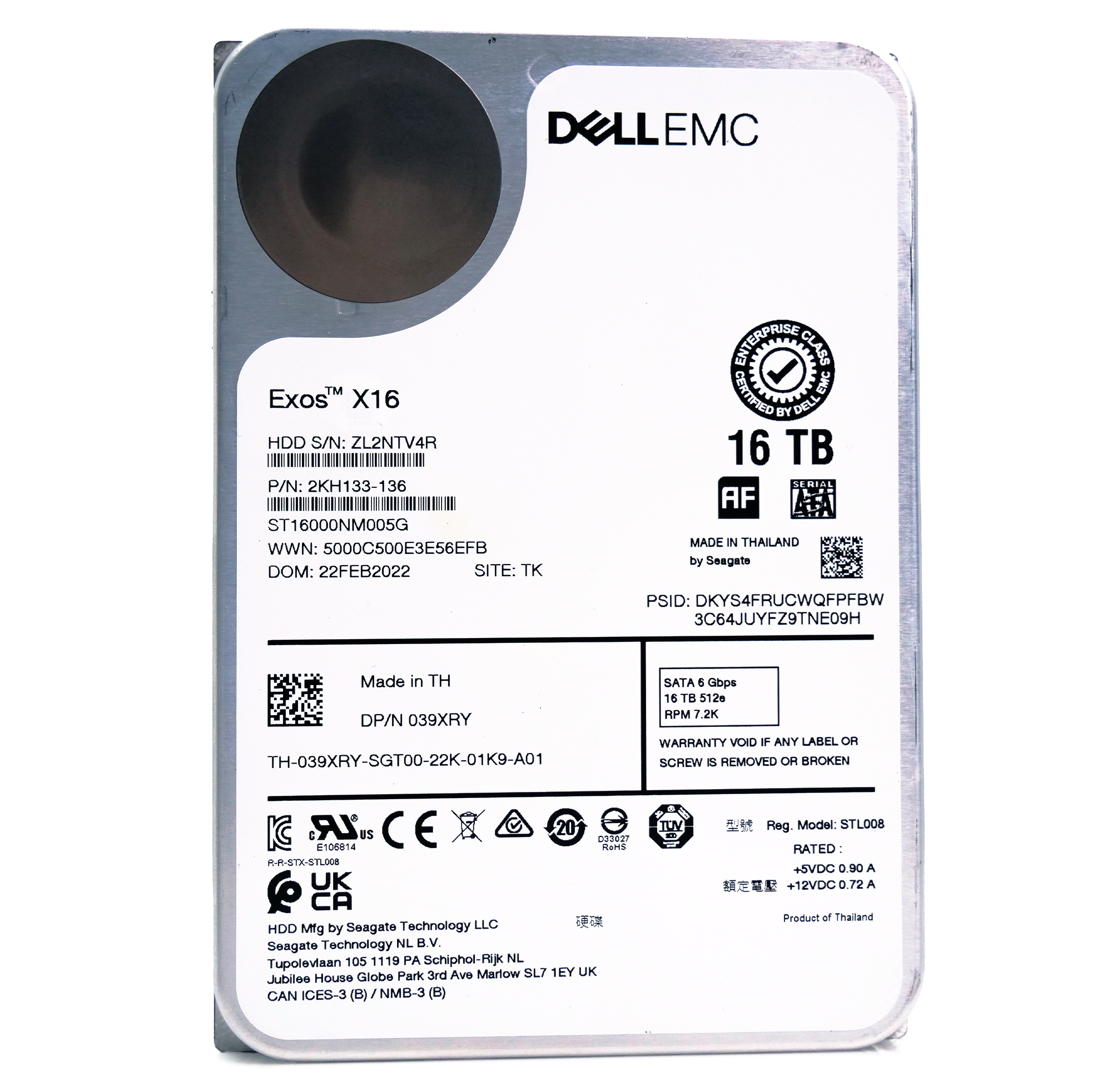 Dell/Seagate Exos X16 ST16000NM005G 039XRY 16TB 7.2K RPM SATA 6Gb/s 512e CMR 3.5in Refurbished HDD