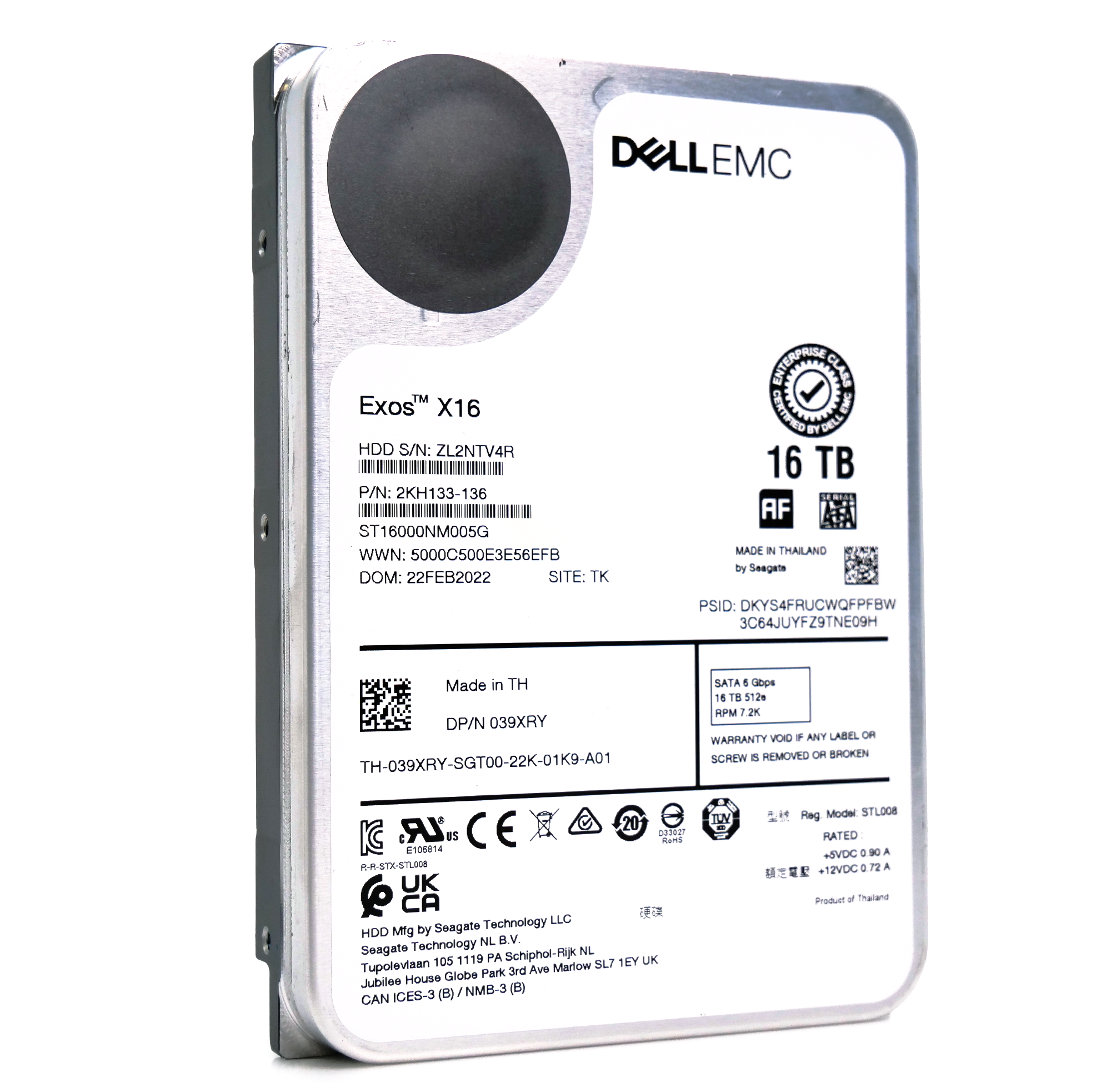 Dell/Seagate Exos X16 ST16000NM005G 039XRY 16TB 7.2K RPM SATA 6Gb/s 512e CMR 3.5in Refurbished HDD