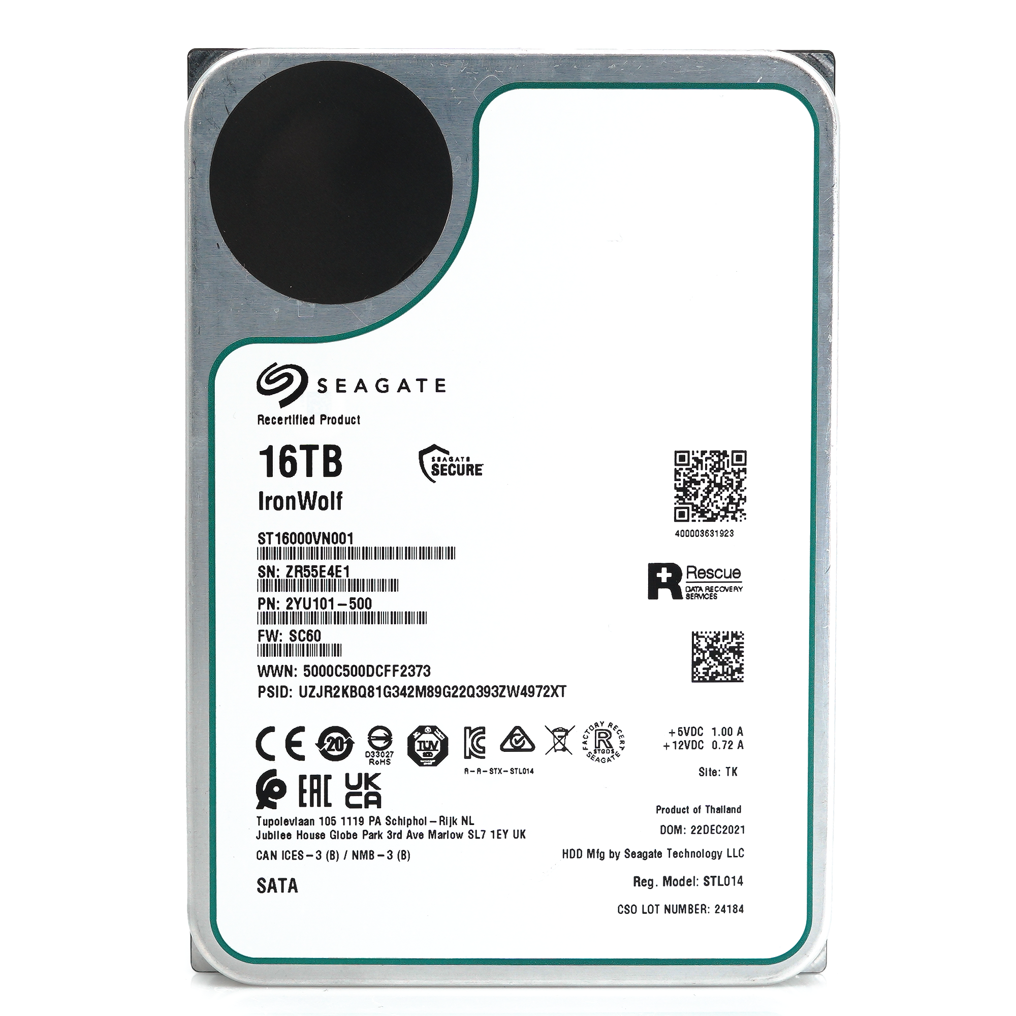 Seagate IronWolf ST16000VN001 16TB 7.2K RPM SATA 6Gb/s 256MB 3.5" NAS Manufacturer Recertified HDD