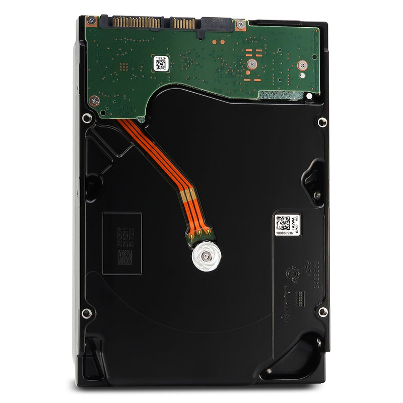 the underside of an internal hard drive, showing the exposed green circuit board (PCB) and black metal casing with serial number stickers.