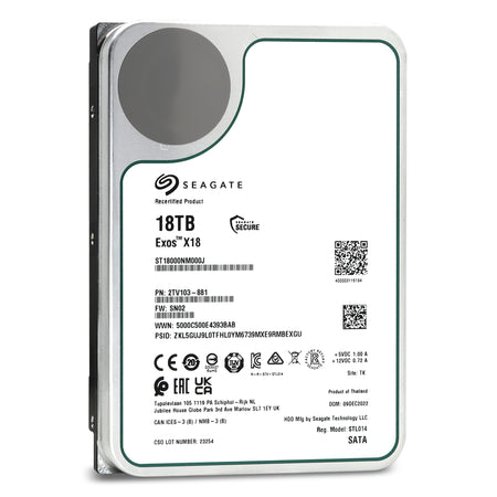 A recertified Seagate Exos X18 18TB internal enterprise hard drive showing the product label with model number ST18000NM000J and specifications like SATA interface, 7200 RPM, and 256MB cache.