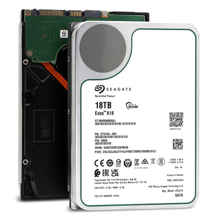 Two views of a Seagate Exos X18 18TB SATA hard drive, showing the label and the circuit board side.