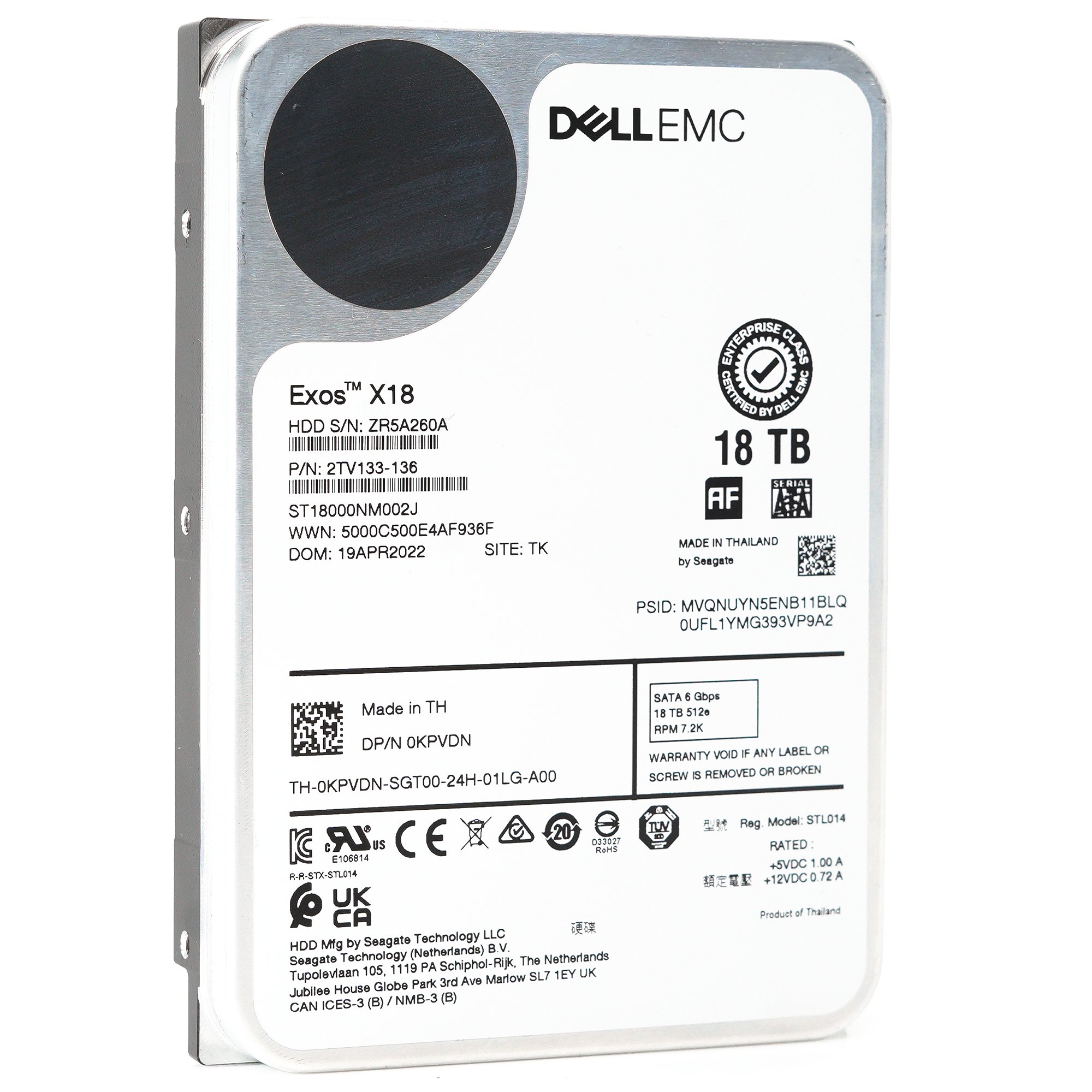 Dell Exos X18 ST18000NM002J 0KPVDN 18TB 7.2K RPM SATA 6Gb/s 512e PowerEdge Certified 3.5in Hard Drive