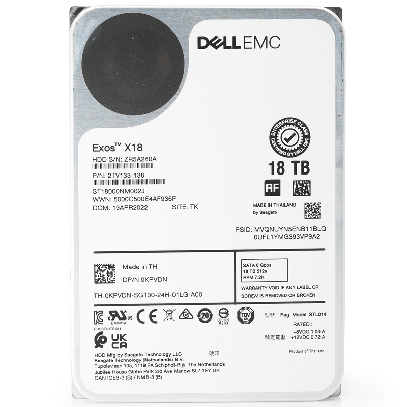 Dell Exos X18 ST18000NM002J 0KPVDN 18TB 7.2K RPM SATA 6Gb/s 512e PowerEdge Certified 3.5in Hard Drive