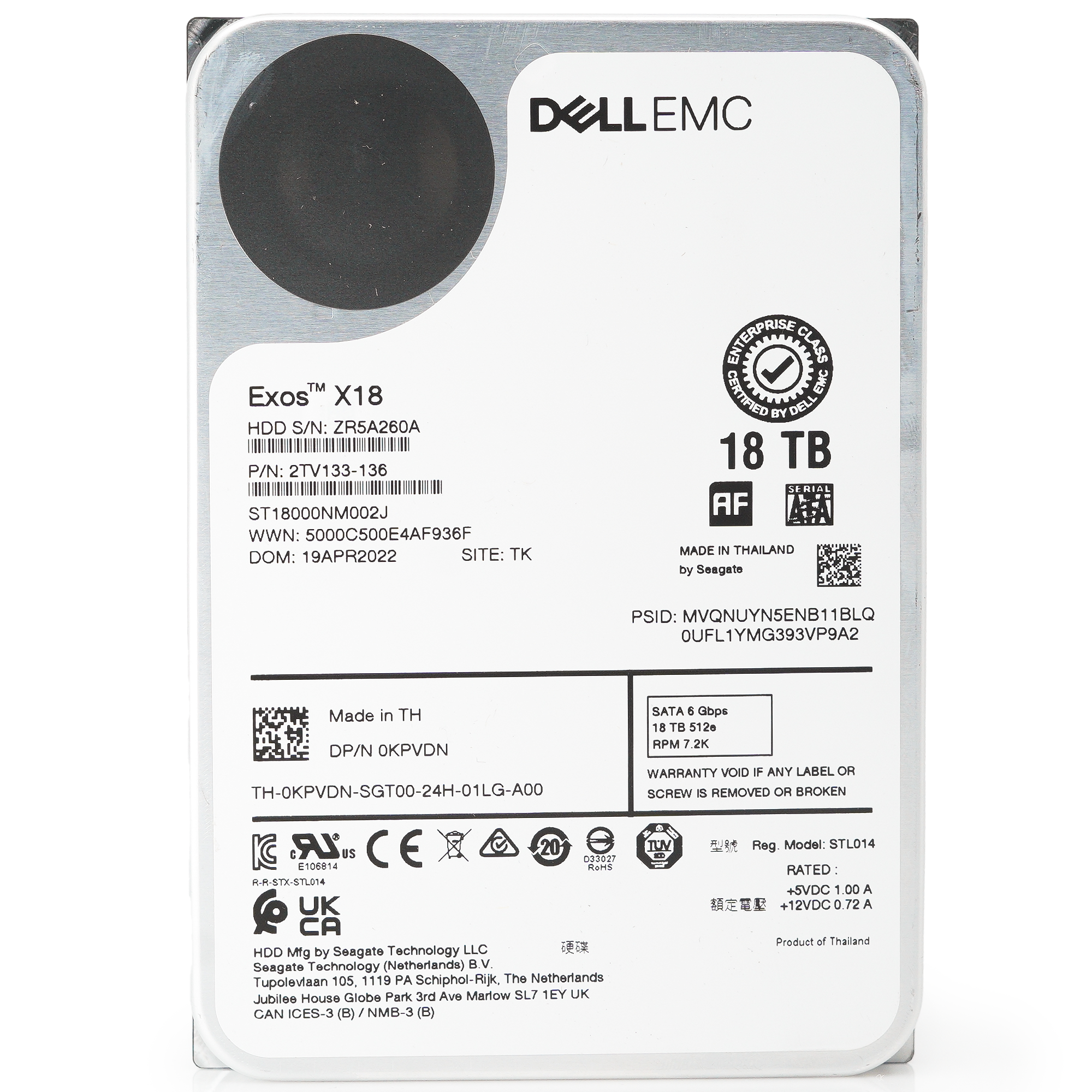 Dell Exos X18 ST18000NM002J 0KPVDN 18TB 7.2K RPM SATA 6Gb/s 512e PowerEdge Certified 3.5in Hard Drive