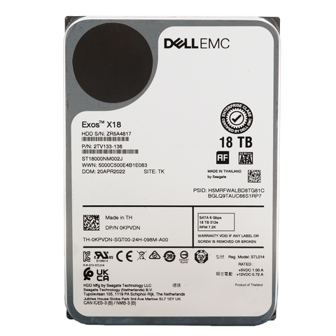 Dell Exos X18 ST18000NM002J 0KPVDN 18TB 7.2K RPM SATA 6Gb/s 512e PowerEdge Certified 3.5in Recertified Hard Drive