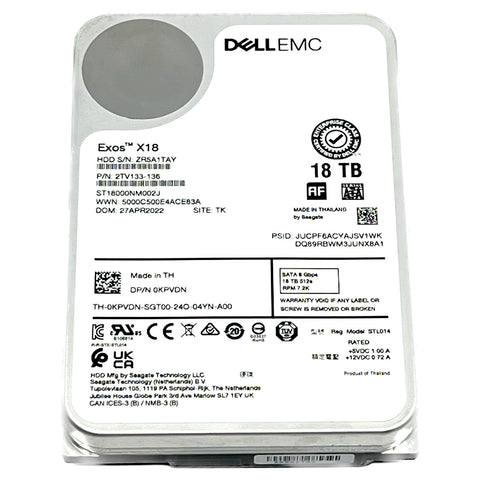 Dell Exos X18 ST18000NM002J 0KPVDN 18TB 7.2K RPM SATA 6Gb/s 512e PowerEdge Certified 3.5in Refurbished HDD