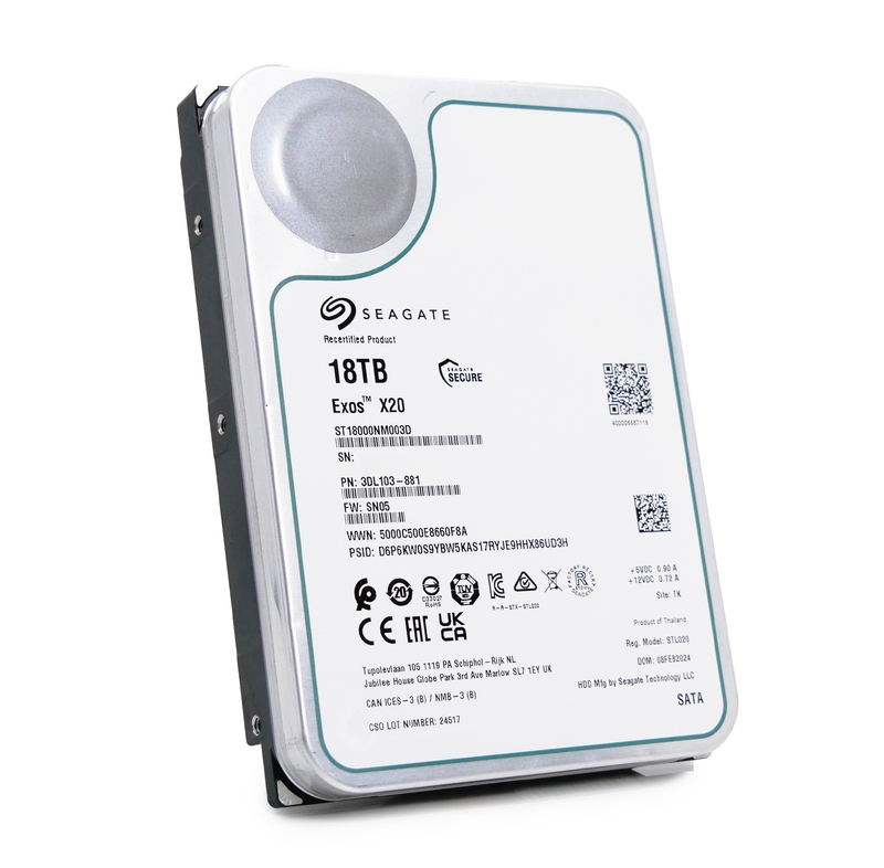 Seagate Exos X20 ST18000NM003D 18TB 7.2K RPM SATA 6Gb/s 3.5in Refurbished HDD