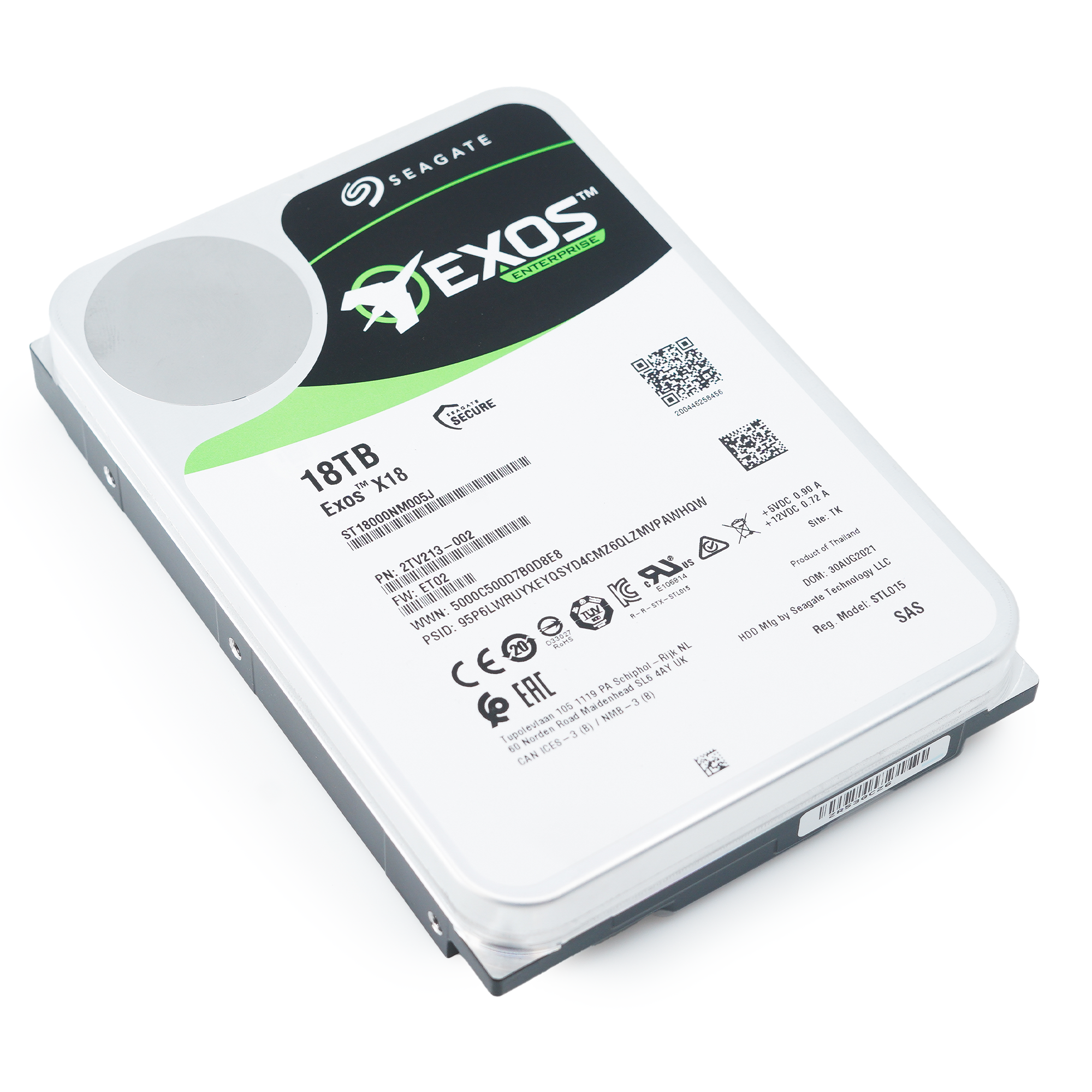 Seagate Exos X18 ST18000NM005J 18TB 7.2K RPM SAS 12Gb/s 512e SED 3.5in Hard Drive flat 2.