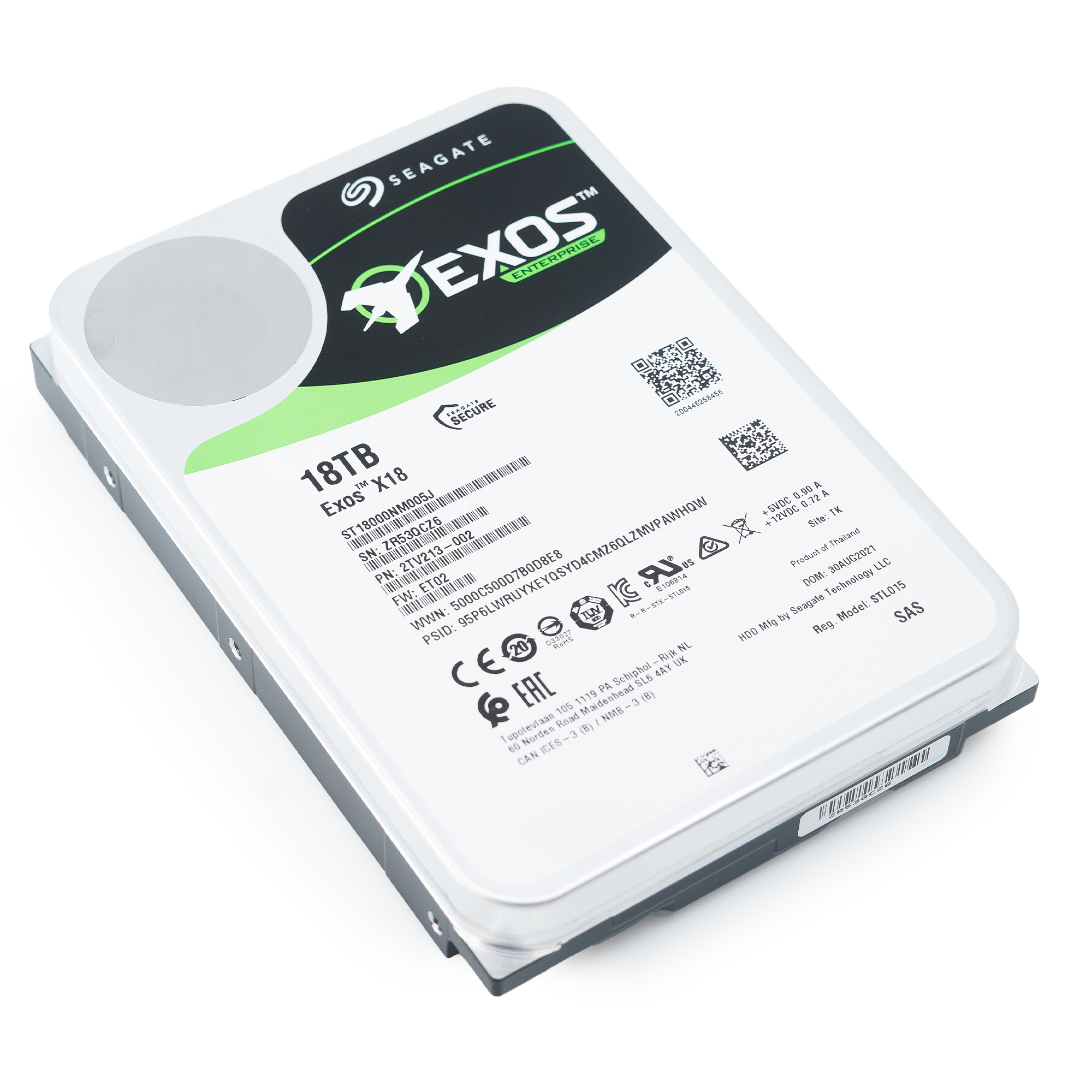Seagate Exos X18 ST18000NM005J 18TB 7.2K RPM SAS 12Gb/s 512e SED 3.5in Hard Drive - Flat View