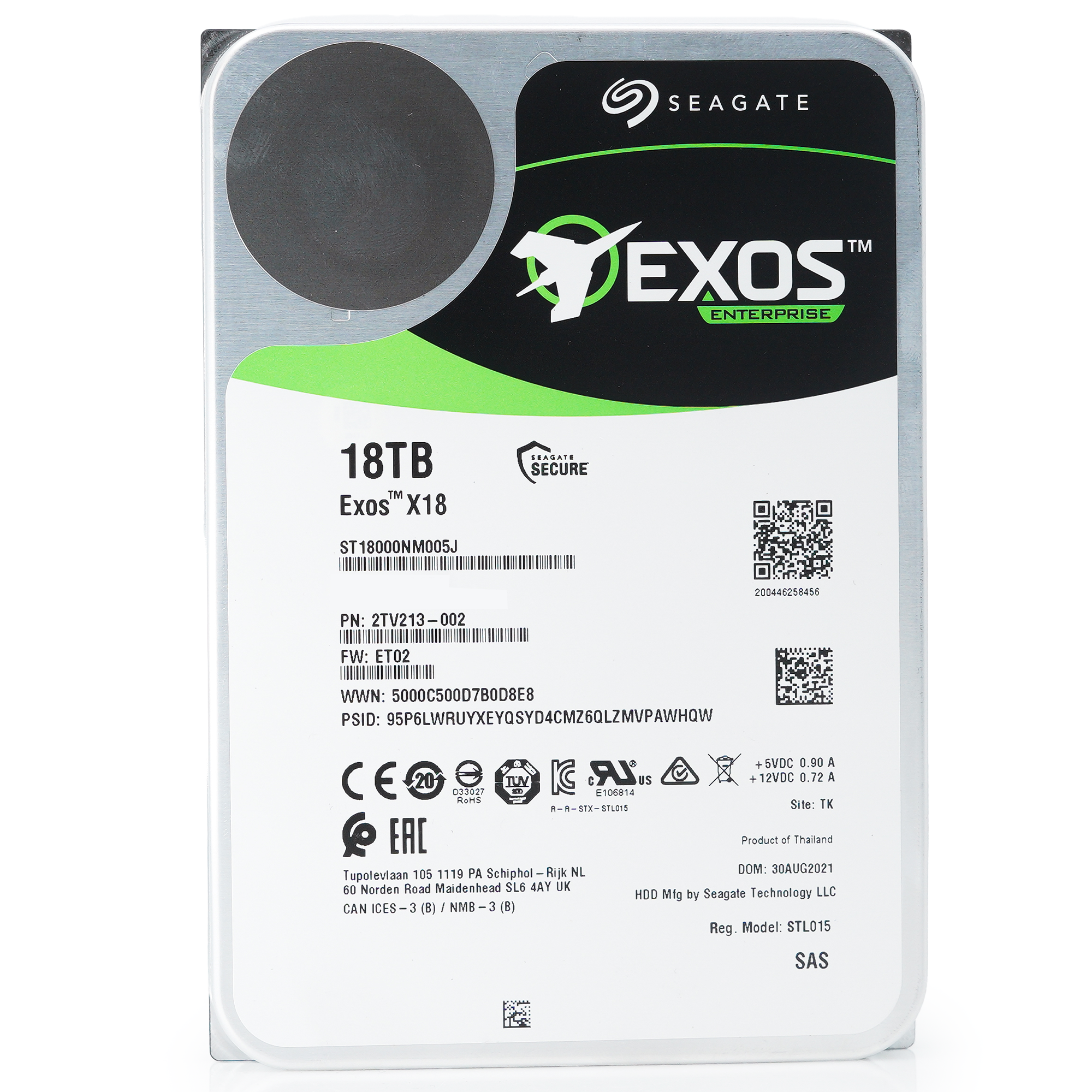 Seagate Exos X18 ST18000NM005J 18TB 7.2K RPM SAS 12Gb/s 512e SED 3.5in Hard Drive flat front.