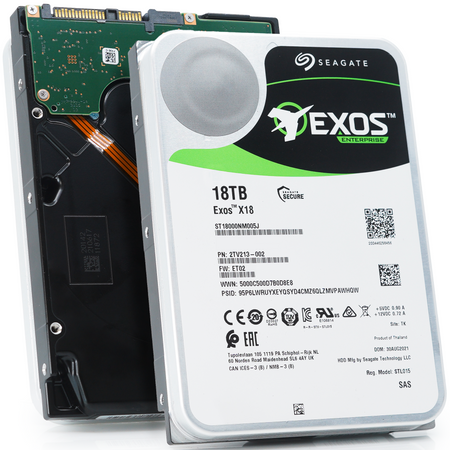 Seagate Exos X18 ST18000NM005J 18TB 7.2K RPM SAS 12Gb/s 512e SED 3.5in Hard Drive front and back main image.