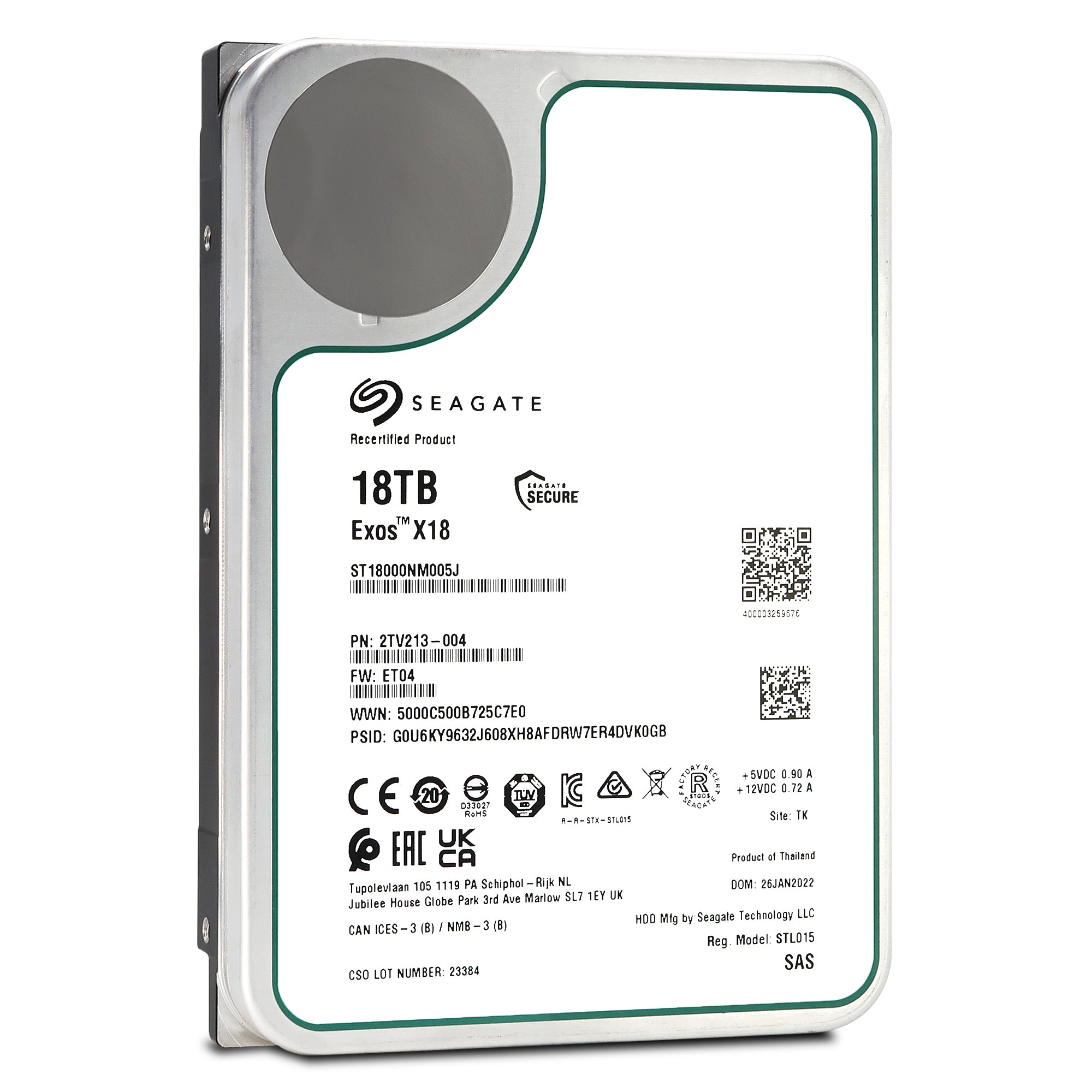 Seagate Exos X18 ST18000NM005J 18TB 7.2K RPM SAS 12Gb/s 512e SED 3.5in Recertified Hard Drive - Front View