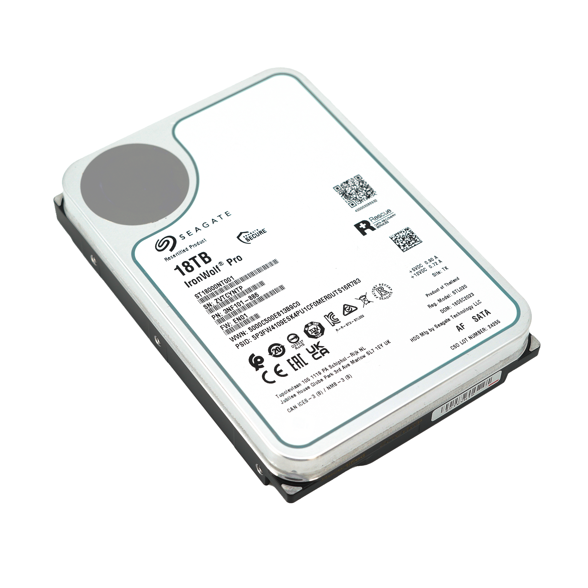 Seagate IronWolf Pro ST18000NT001 18TB 7.2K RPM SATA 6Gb/s NAS 3.5in Recertified Hard Drive - Flat View