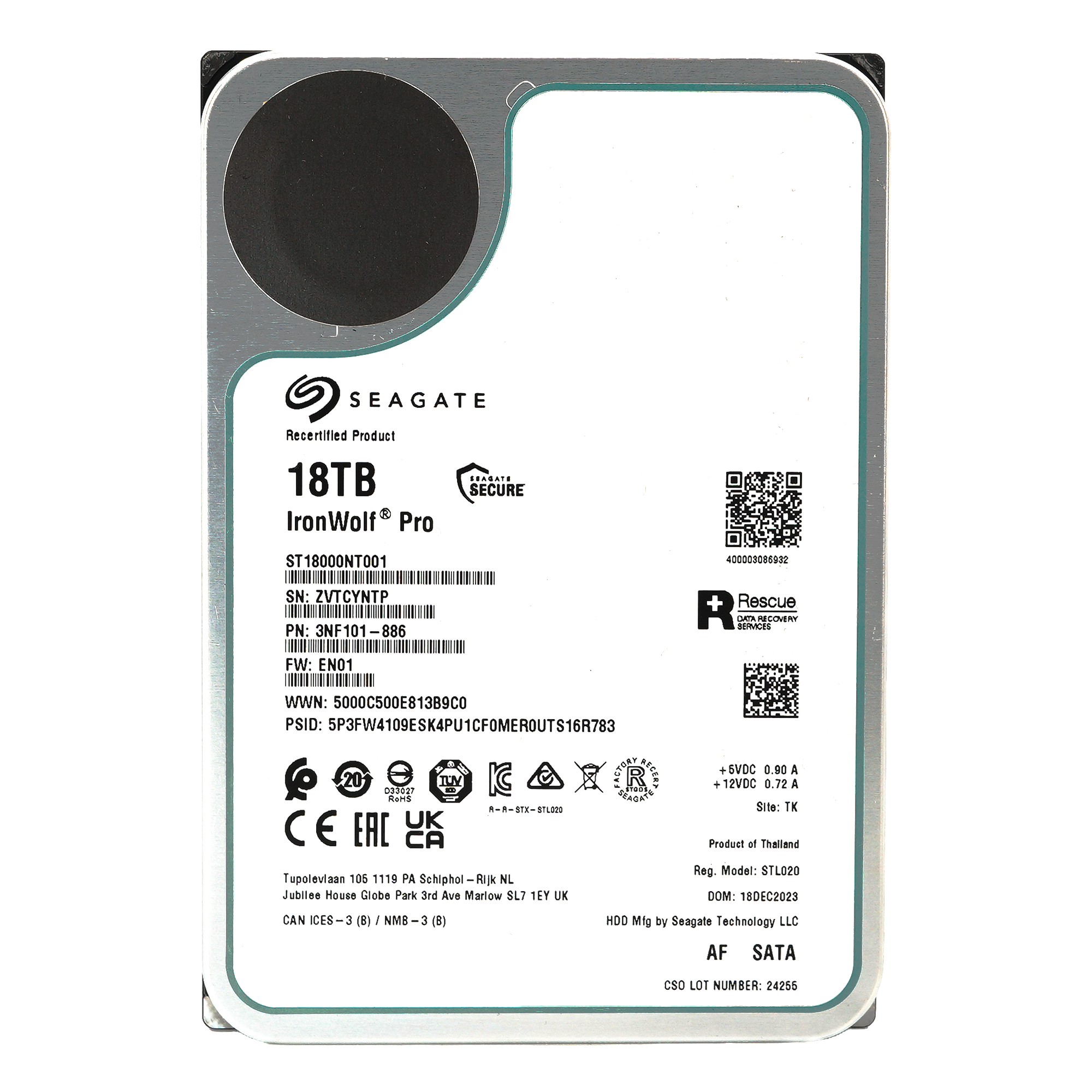 Seagate IronWolf Pro ST18000NT001 18TB 7.2K RPM SATA 6Gb/s NAS 3.5in Recertified Hard Drive - Front View