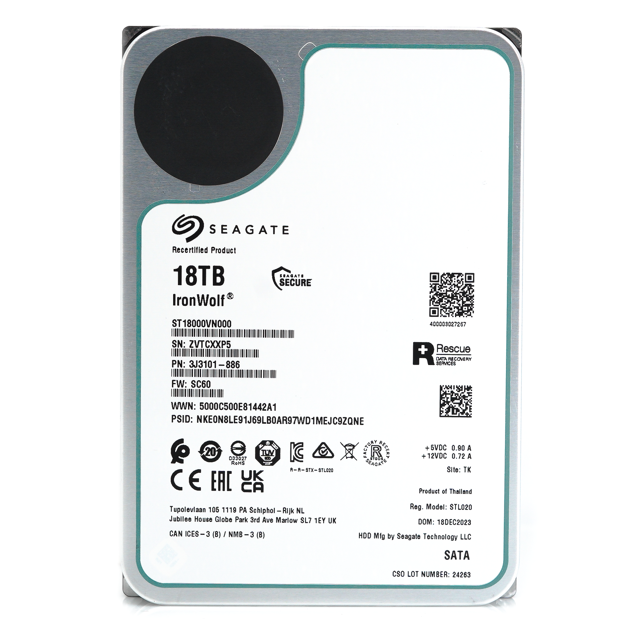 Seagate IronWolf ST18000VN000 18TB 7.2K RPM SATA 6Gb/s 512e CMR NAS 3.5in Recertified Hard Drive - Front View