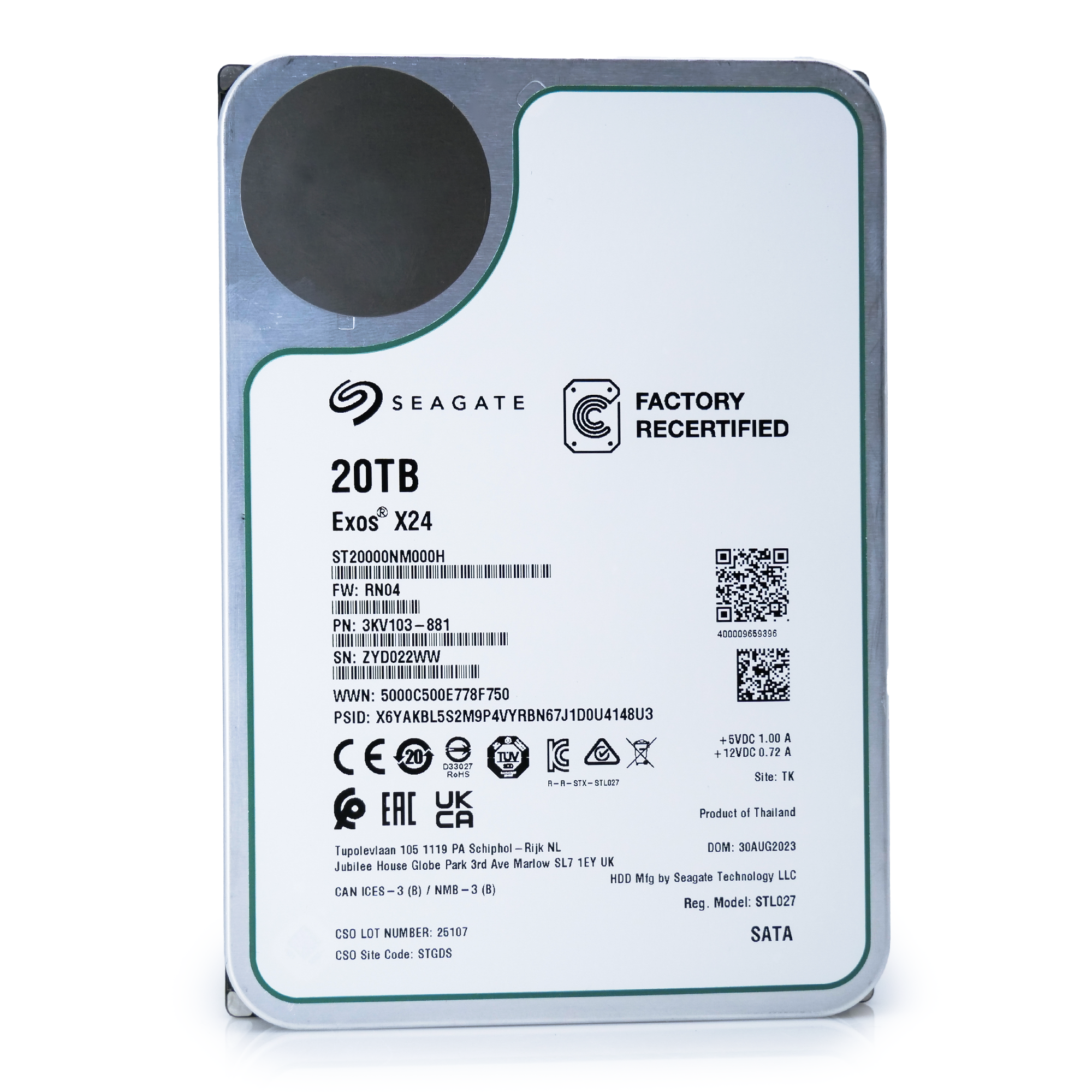 Seagate Exos X24 ST20000NM000H 20TB 7.2K RPM SATA 6Gb/s 512e 3.5in Recertified Hard Drive