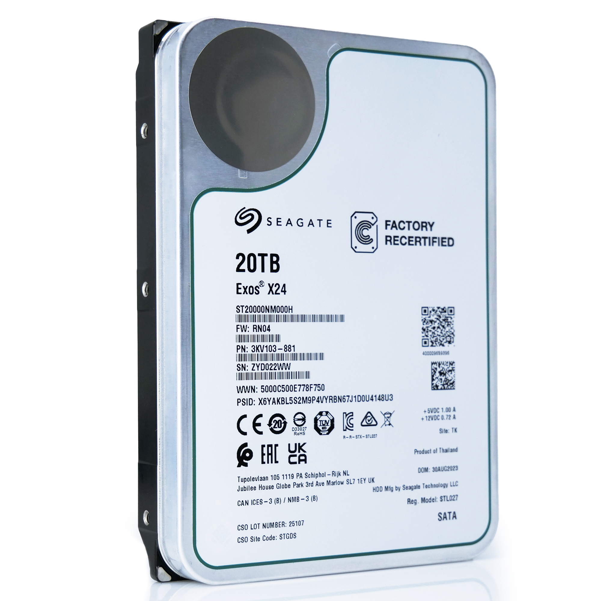 Seagate Exos X24 ST20000NM000H 20TB 7.2K RPM SATA 6Gb/s 512e 3.5in Recertified Hard Drive