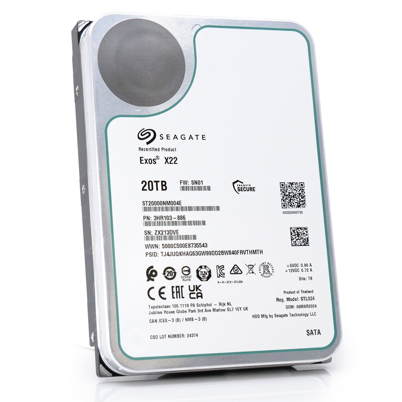 Seagate Exos X22 ST20000NM004E 20TB 7.2K RPM SATA 6Gb/s 512e 3.5in Recertified Hard Drive front angle