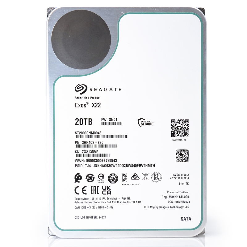 Seagate Exos X22 ST20000NM004E 20TB 7.2K RPM SATA 6Gb/s 512e 3.5in Recertified Hard Drive front flat