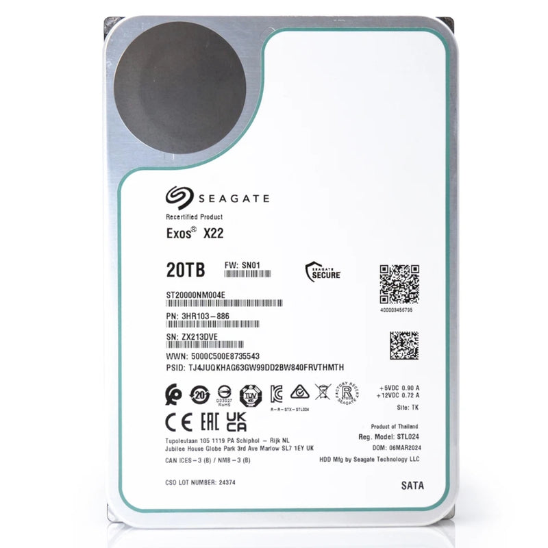 Seagate Exos X22 ST20000NM004E 20TB 7.2K RPM SATA 6Gb/s 512e 3.5in Refurbished HDD