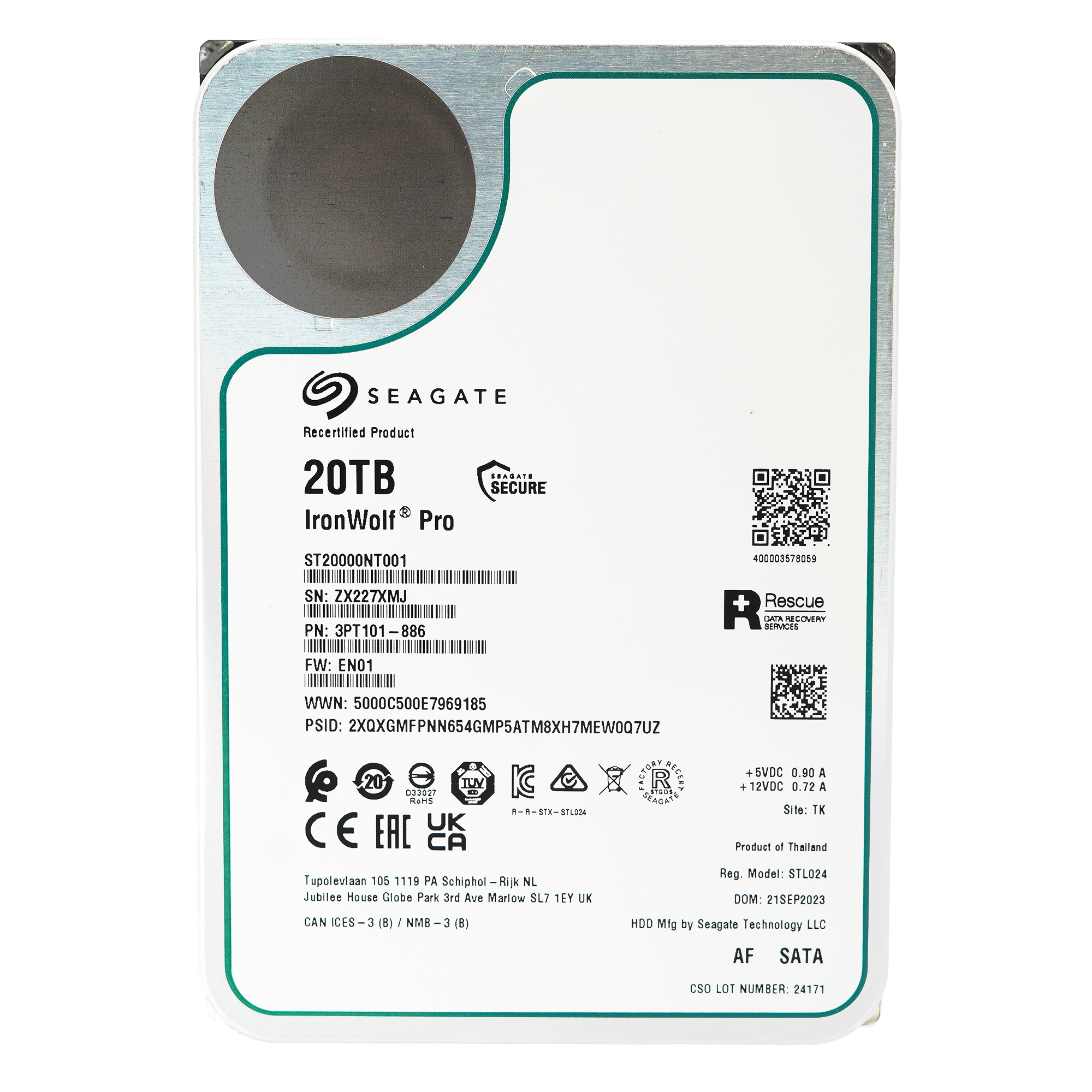 Seagate Ironwolf Pro ST20000NT001 20TB 7.2K RPM SATA 6Gb/s 512e NAS 3.5in Recertified Hard Drive - Front View