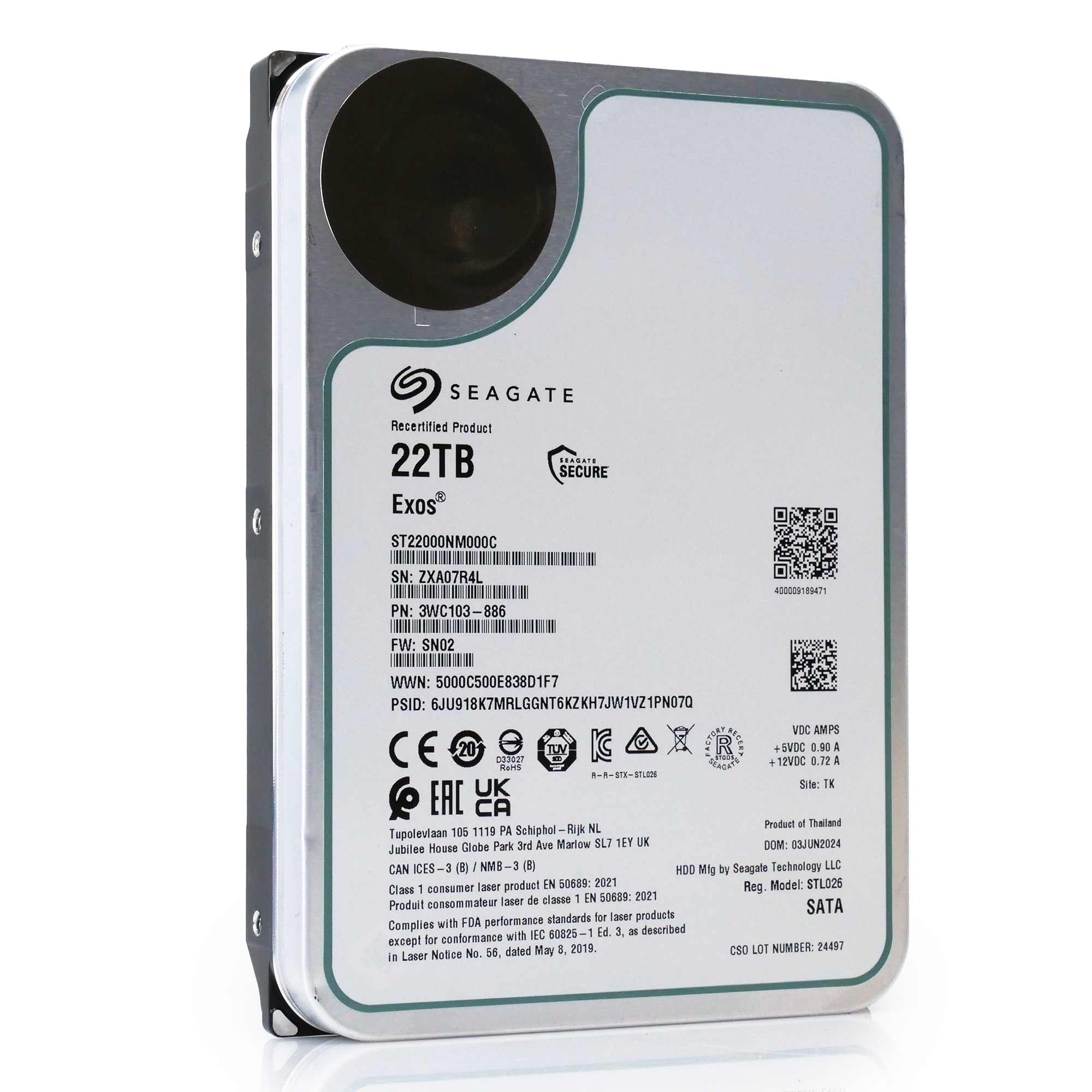 Seagate Exos ST22000NM000C 22TB 7.2K RPM SATA 6Gb/s 3.5in Hard Drive angle front