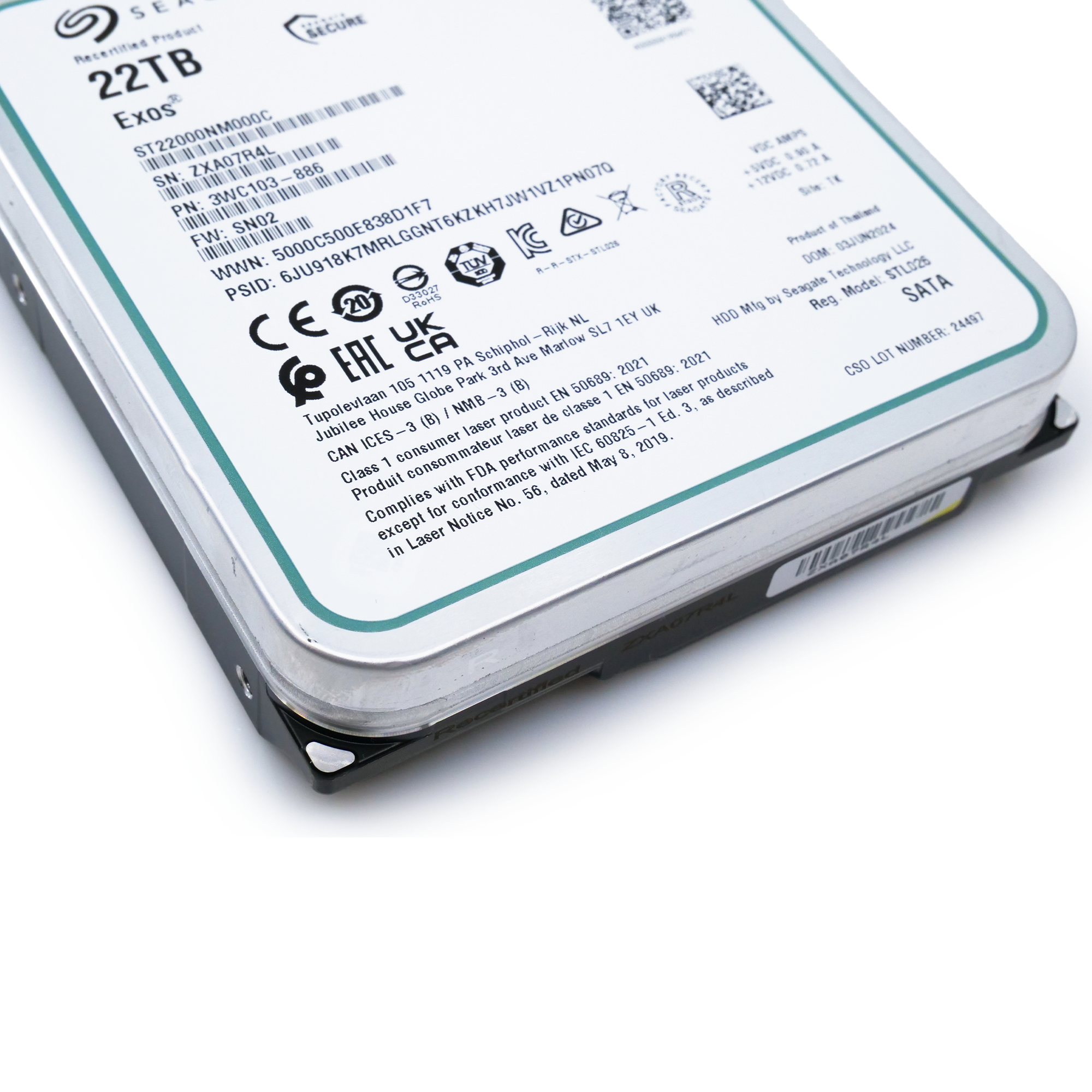 Seagate Exos ST22000NM000C 22TB 7.2K RPM SATA 6Gb/s 3.5in Hard Drive close up laser