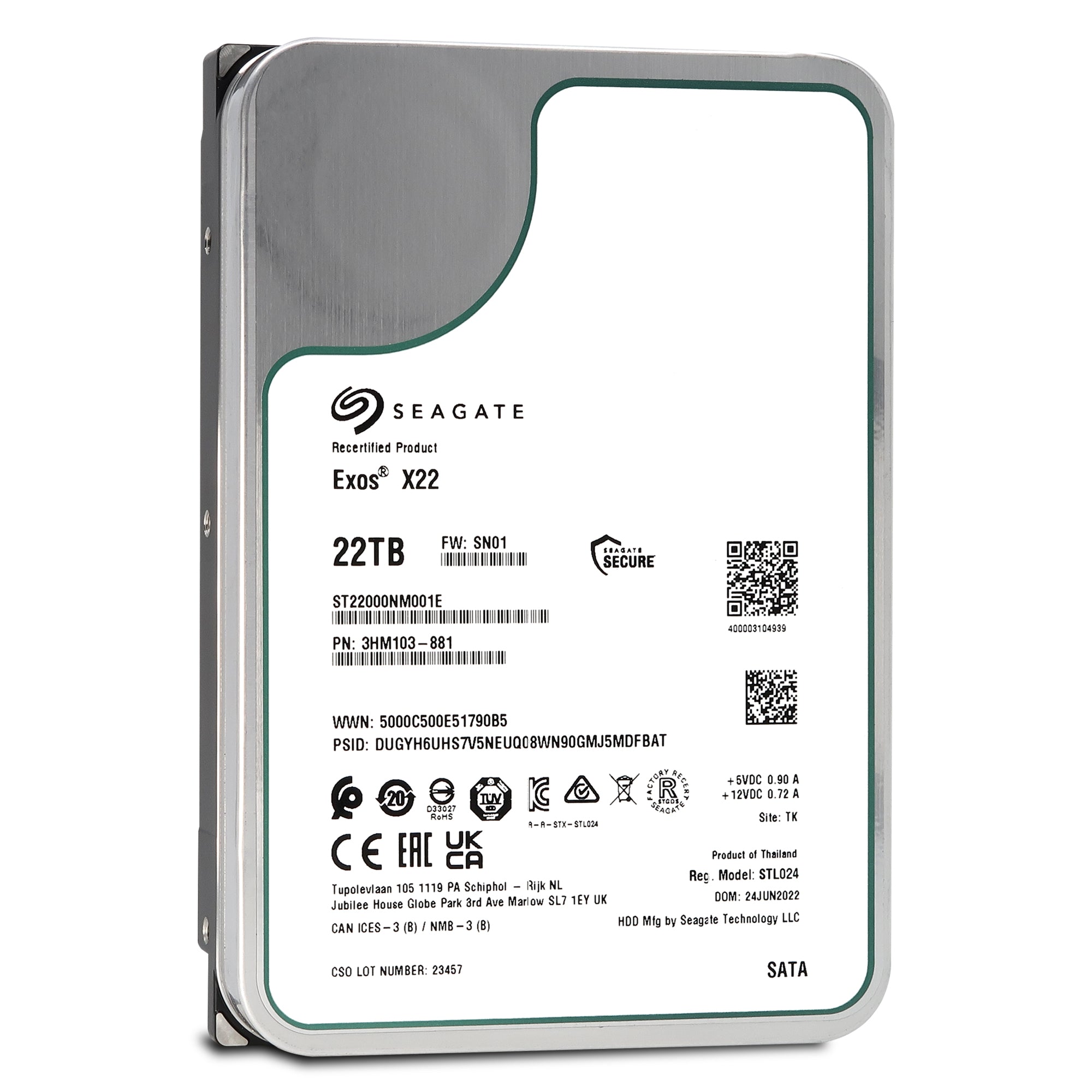 Seagate Exos X22 ST22000NM001E 22TB 7.2K RPM SATA 6Gb/s 512e 3.5in Recertified Hard Drive - Front View
