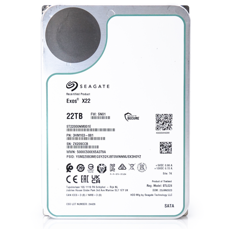 Seagate Exos X22 ST22000NM001E 22TB 7.2K RPM SATA 6Gb/s 512e 3.5in Recertified Hard Drive front drive