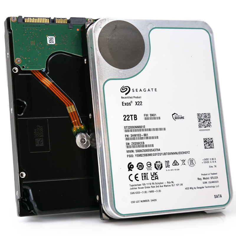 Seagate Exos X22 ST22000NM001E 22TB 7.2K RPM SATA 6Gb/s 512e 3.5in Recertified Hard Drive main front angle