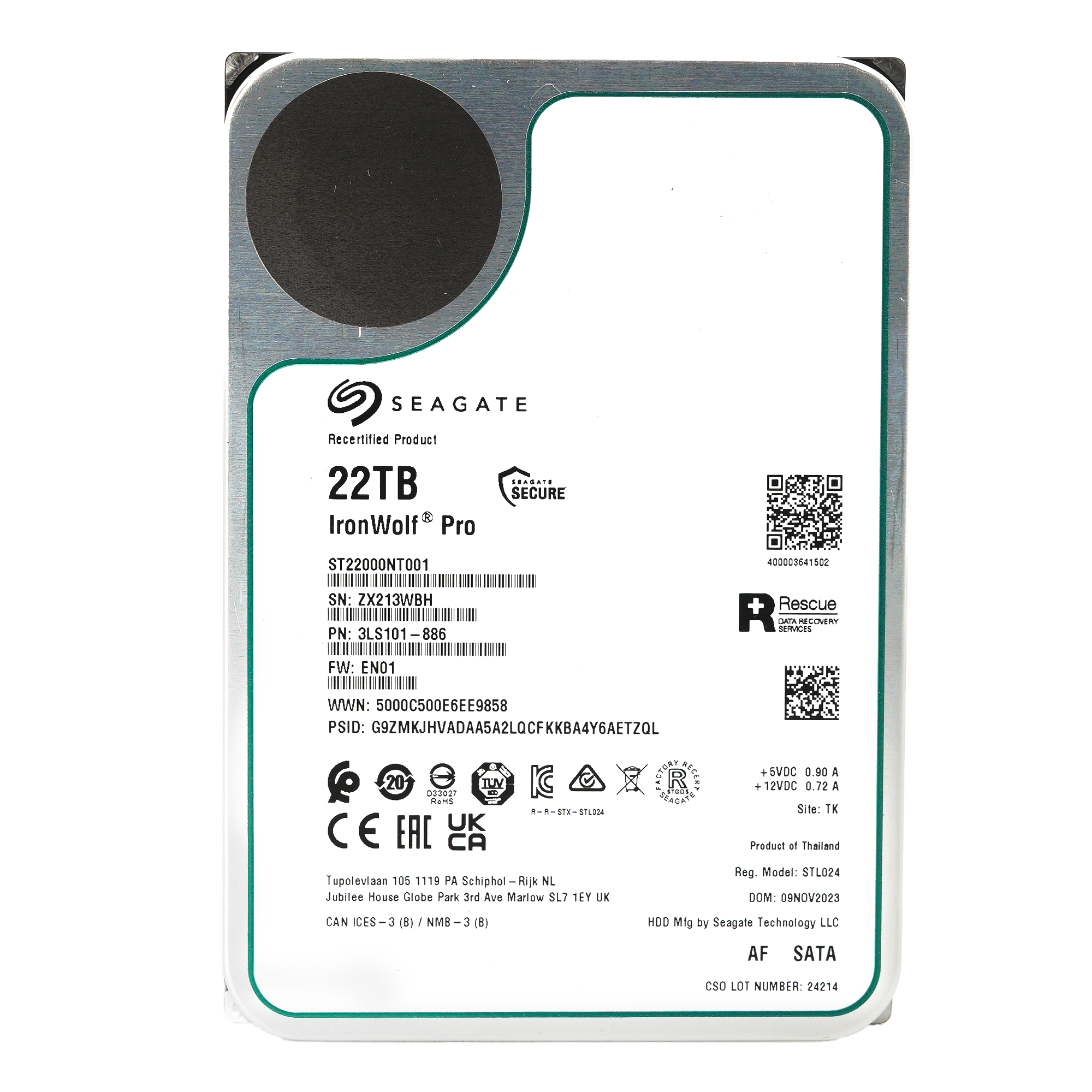 Seagate Ironwolf Pro ST22000NT001 22TB 7.2K RPM SATA 6Gb/s 512e NAS 3.5in Recertified Hard Drive - Front View