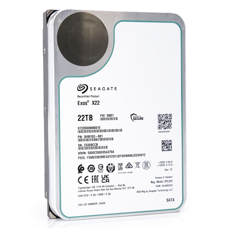 Seagate Exos X22 ST22000NM001E 22TB 7.2K RPM SATA 6Gb/s 512e 3.5in Recertified Hard Drive angle