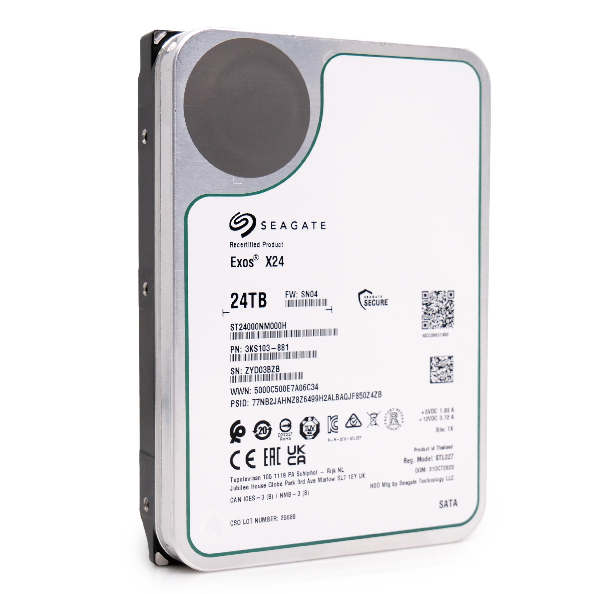 Seagate Exos ST24000NM000H 24TB 7.2K RPM SATA 6Gb/s 512e CMR 3.5in Recertified Hard Drive