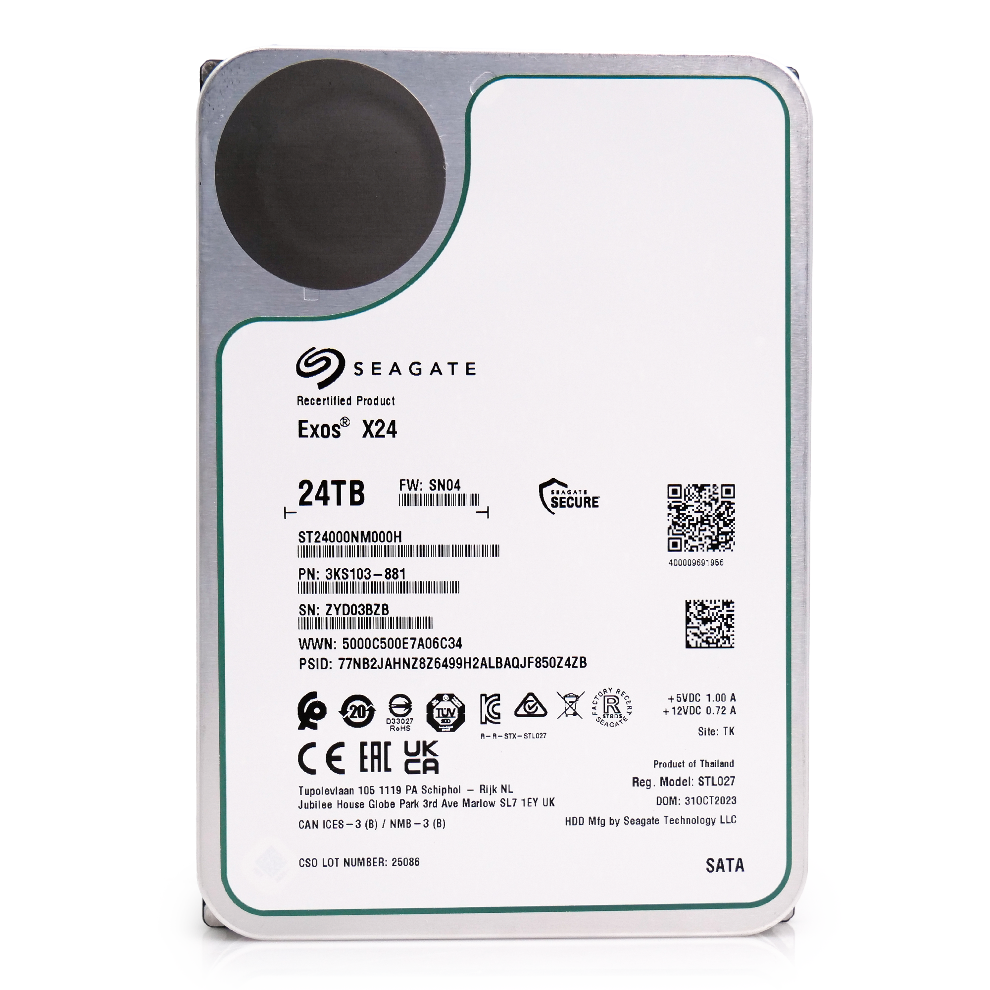 Seagate Exos ST24000NM000H 24TB 7.2K RPM SATA 6Gb/s 512e CMR 3.5in Recertified Hard Drive