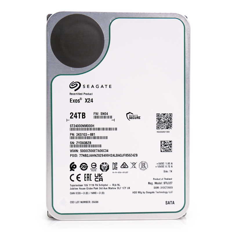 Seagate Exos X24 ST24000NM000H 24TB 7.2K RPM SATA 6Gb/s 512e CMR 3.5in Recertified Hard Drive