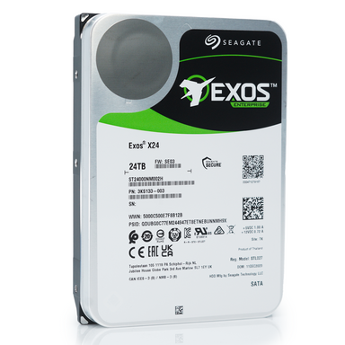 Seagate Exos X24 ST24000NM002H 24TB 7.2K RPM SATA 6Gb/s 512e FastFormat 3.5in Hard Drive side angle.