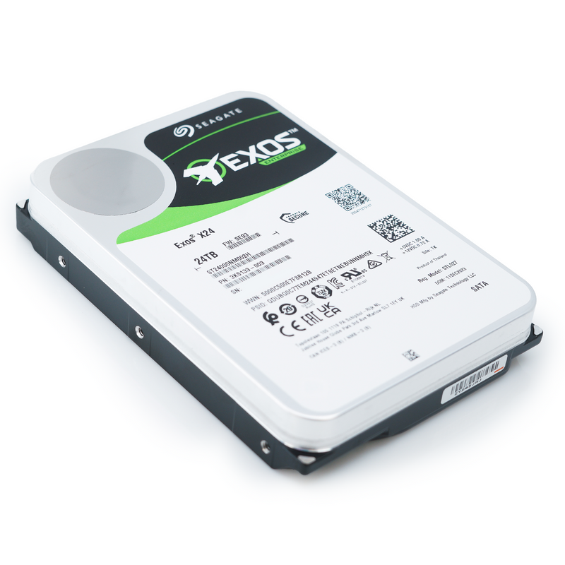 Seagate Exos X24 ST24000NM002H 24TB 7.2K RPM SATA 6Gb/s 512e FastFormat 3.5in Hard Drive flat angle.