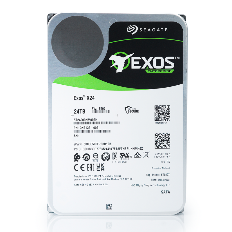 Seagate Exos X24 ST24000NM002H 24TB 7.2K RPM SATA 6Gb/s 512e FastFormat 3.5in Hard Drive front flat.