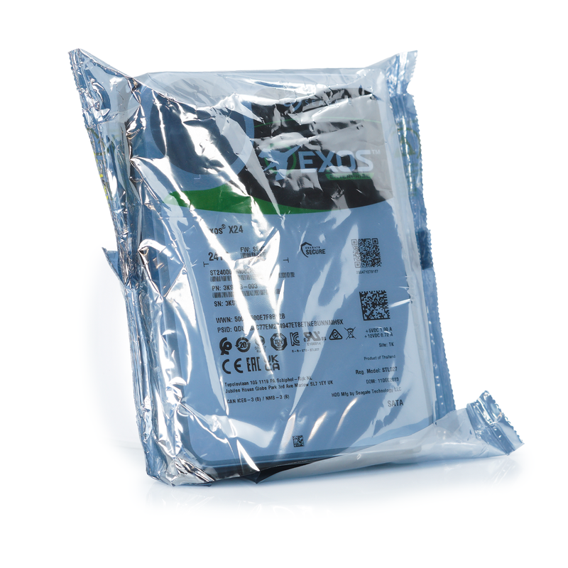 Seagate Exos X24 ST24000NM002H 24TB 7.2K RPM SATA 6Gb/s 512e FastFormat 3.5in Hard Drive front angle.