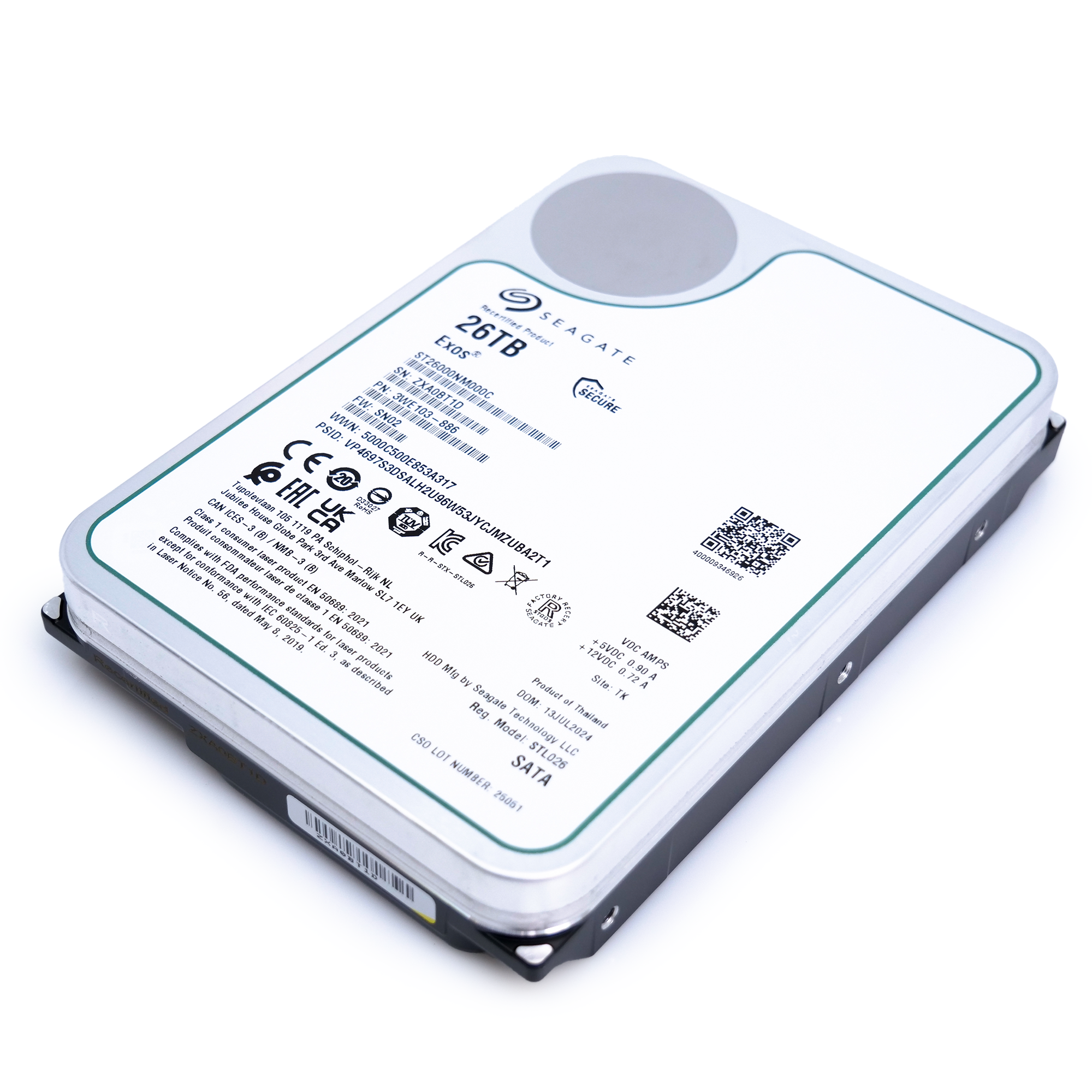 Seagate Exos ST26000NM000C 26TB 7.2K RPM SATA 6Gb/s 512e CMR 3.5in Recertified Hard Drive