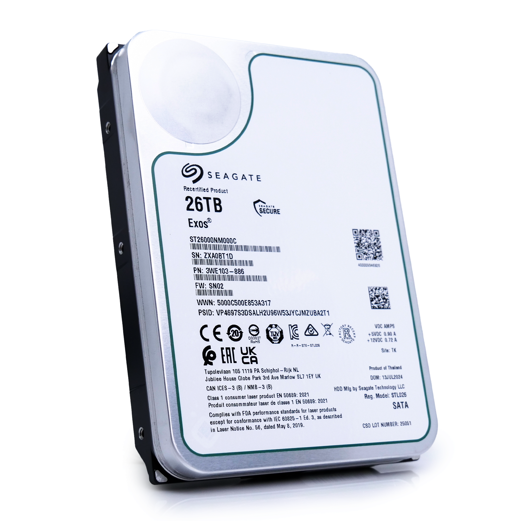 Seagate Exos ST26000NM000C 26TB 7.2K RPM SATA 6Gb/s 512e CMR 3.5in Recertified Hard Drive