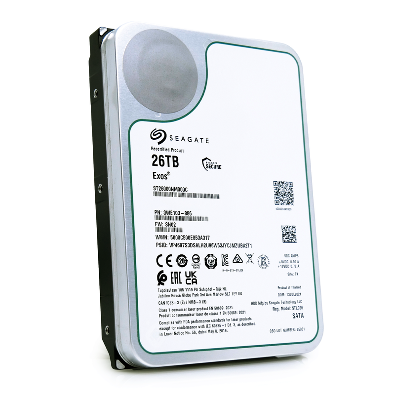 Seagate Exos ST26000NM000C 26TB 7.2K RPM SATA 6Gb/s 512e CMR 3.5in Recertified Hard Drive