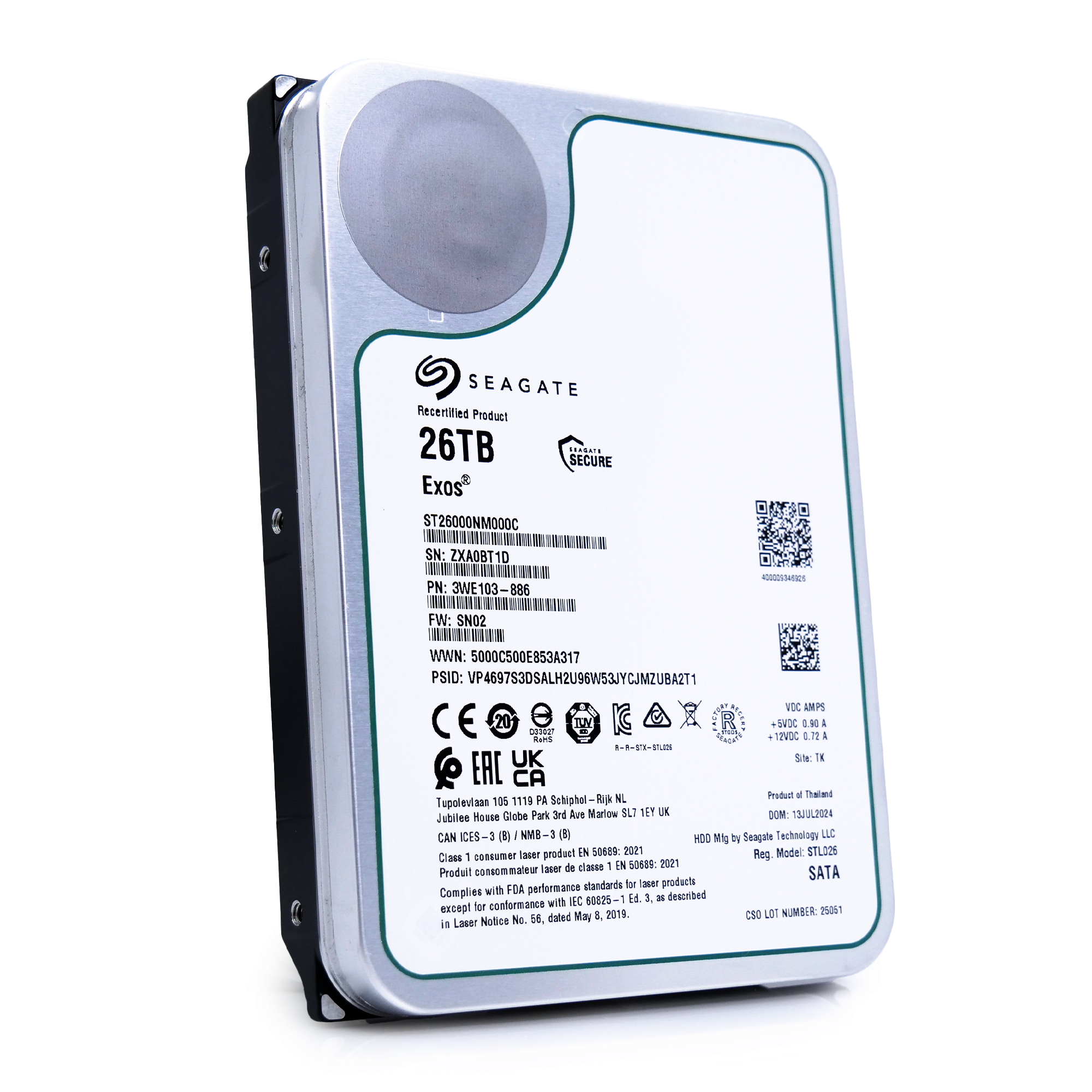 Seagate Exos ST26000NM000C 26TB 7.2K RPM SATA 6Gb/s 512e CMR 3.5in Recertified Hard Drive