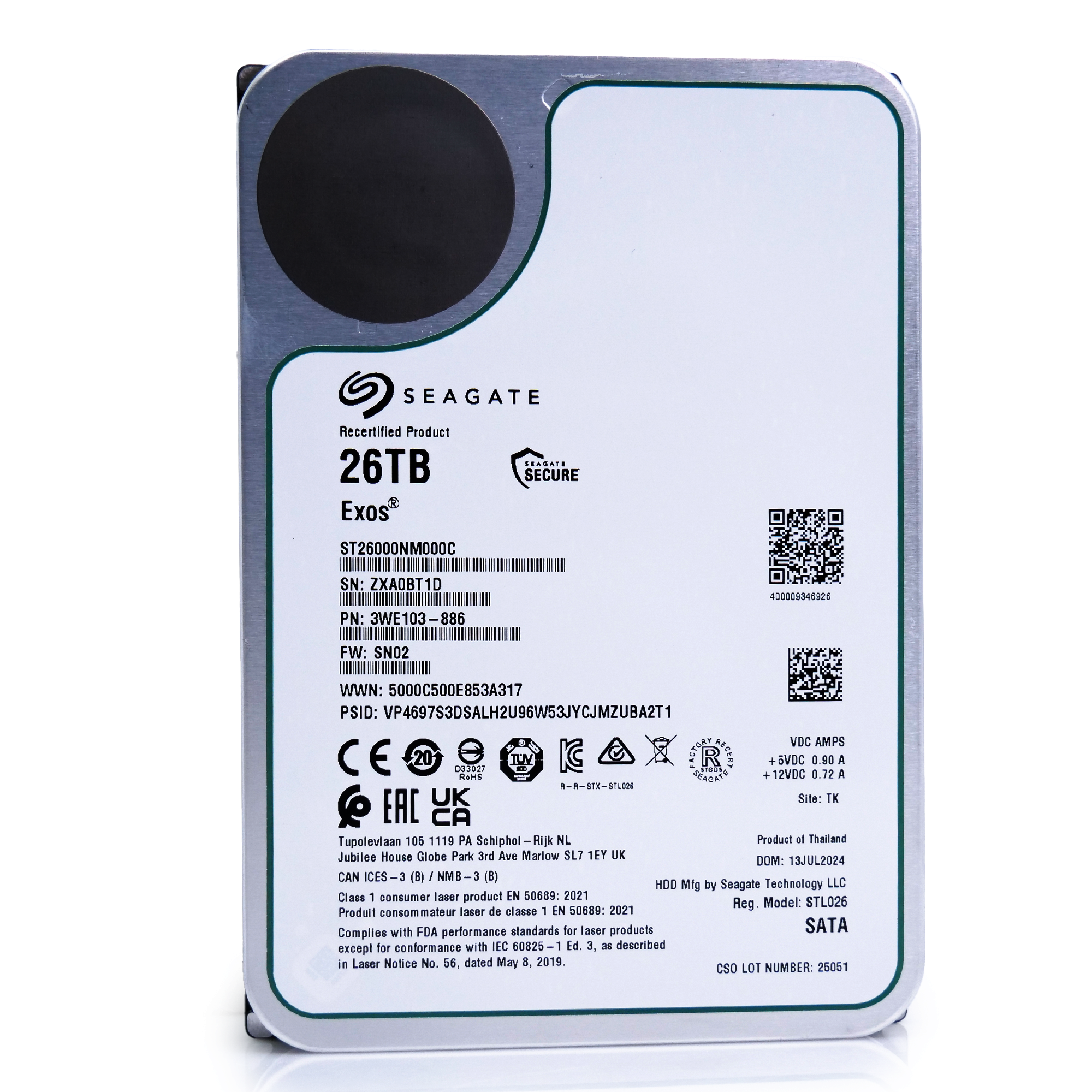 Seagate Exos ST26000NM000C 26TB 7.2K RPM SATA 6Gb/s 512e CMR 3.5in Recertified Hard Drive