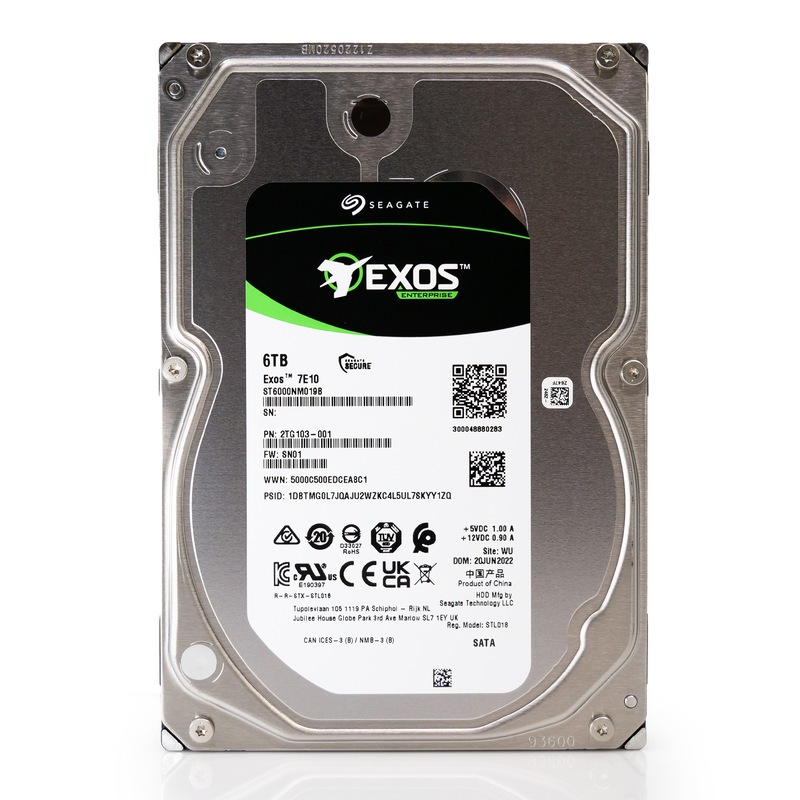 Seagate Exos ST6000NM019B 6TB 7200K RPM SATA 6Gb/s 3.5in Hard Drive front flat.